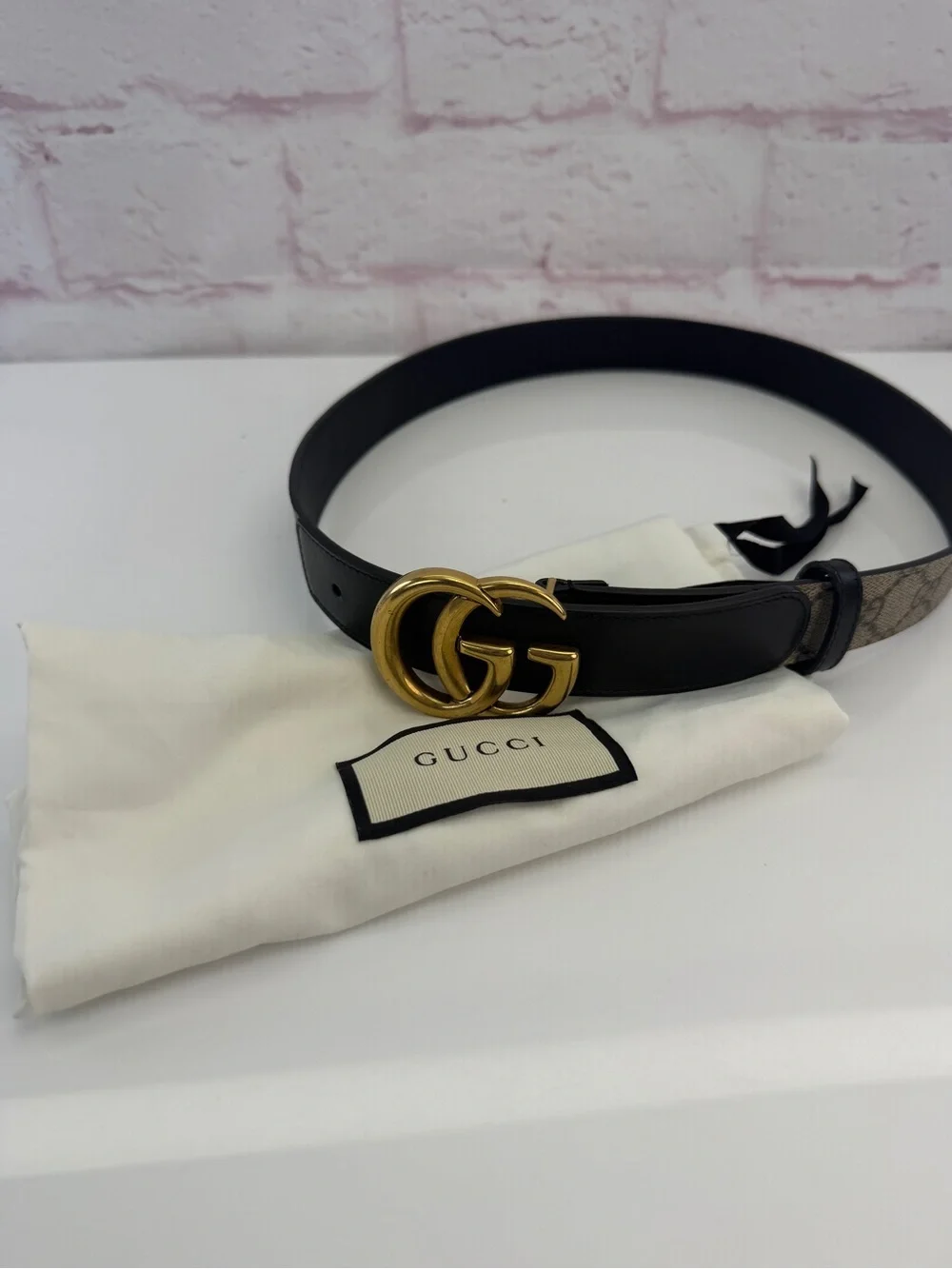 Authentic Gucci Marmont GG Double G Khaki Black Belt 625839 80/32